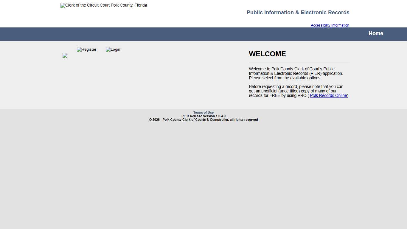 Welcome to Polk County Clerk of Court’s Public Information & Electronic Records (PIER) application. Please select from the available options.