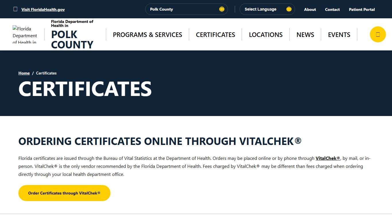 Certificates - Florida Department of Health in Polk County